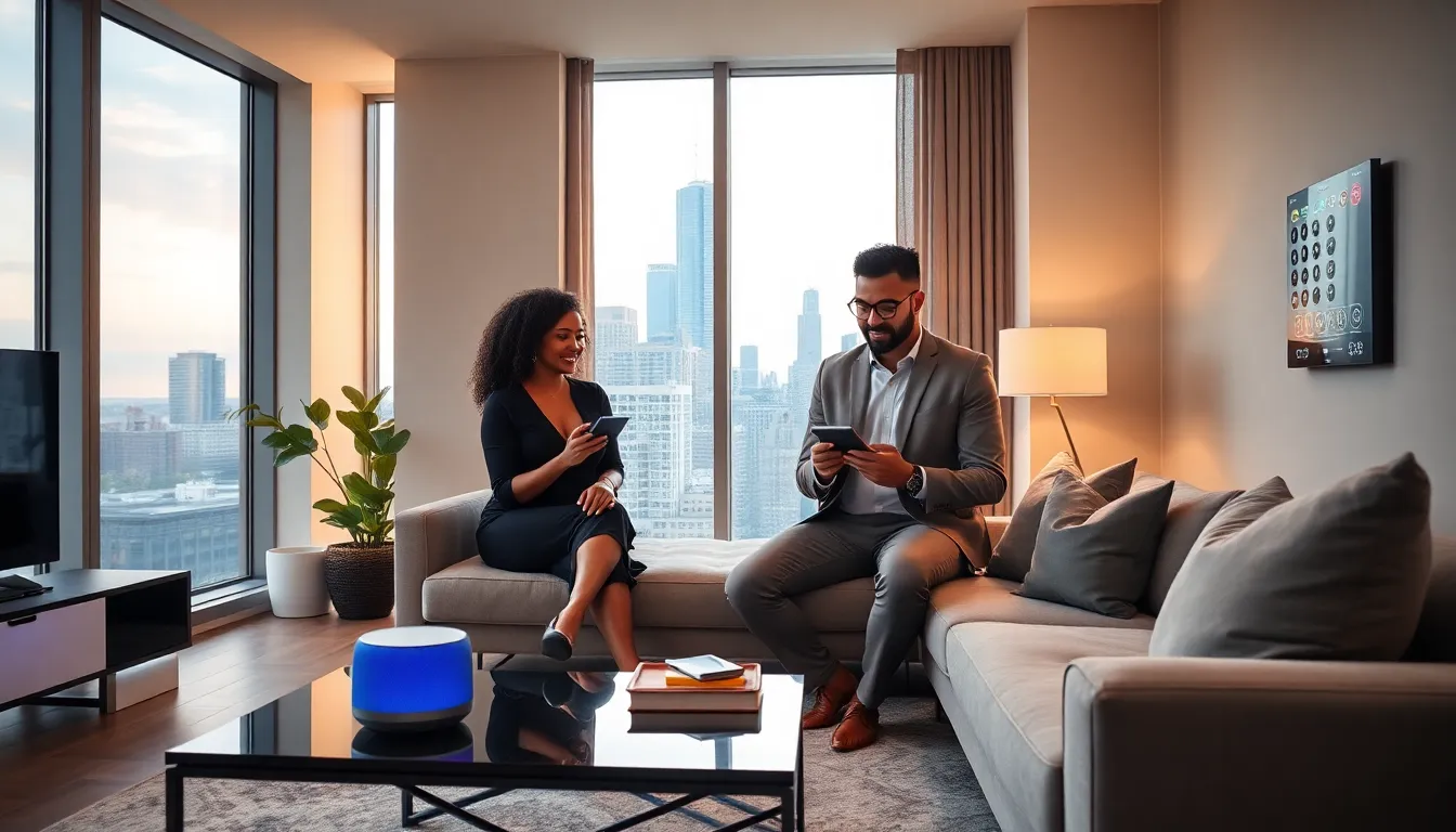 modern Chicago apartment with smart home technology in use.