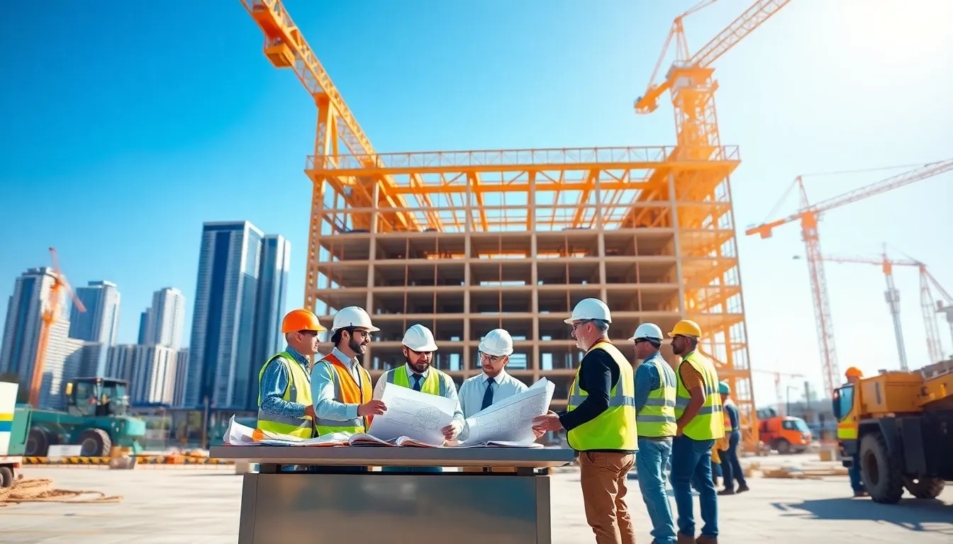 diverse team on a construction site for a commercial building.