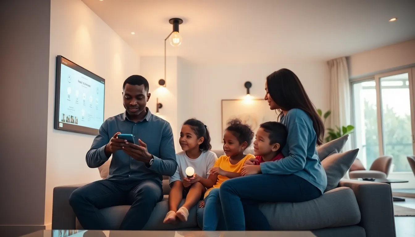 diverse family using smart home technology in a modern living room.