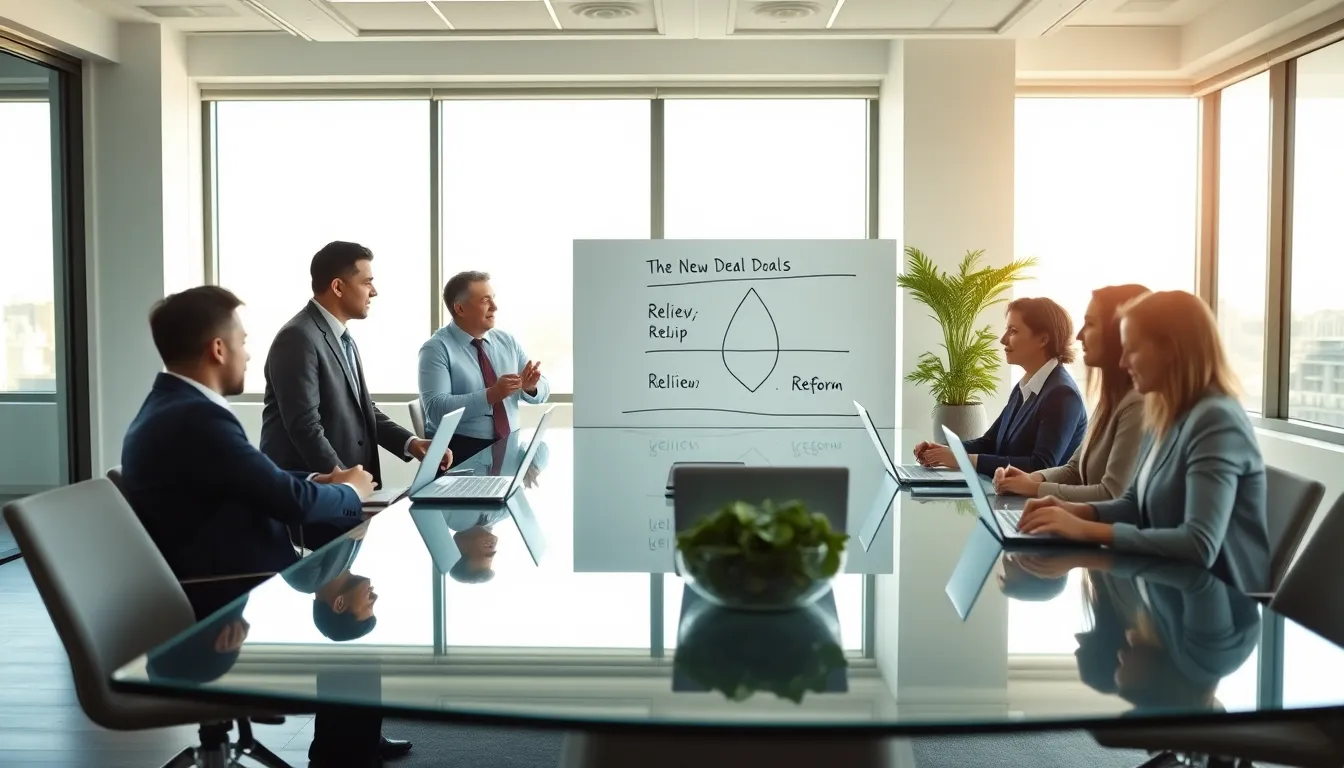 diverse team discussing the New Deal in a modern office.