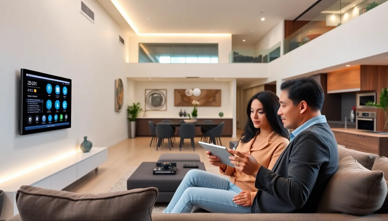 couple discussing technology in a modern smart home living room.