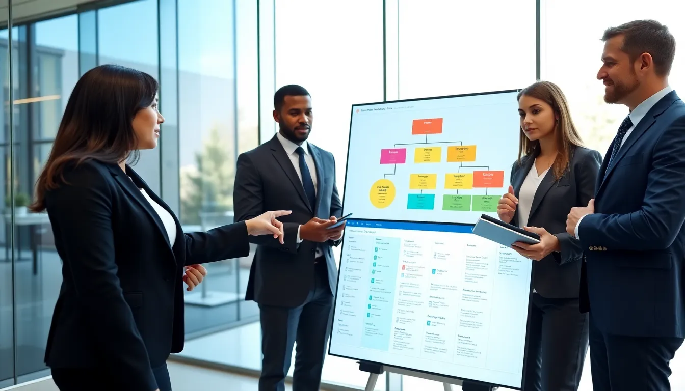 diverse team collaborating on an interactive organization chart in a modern office.