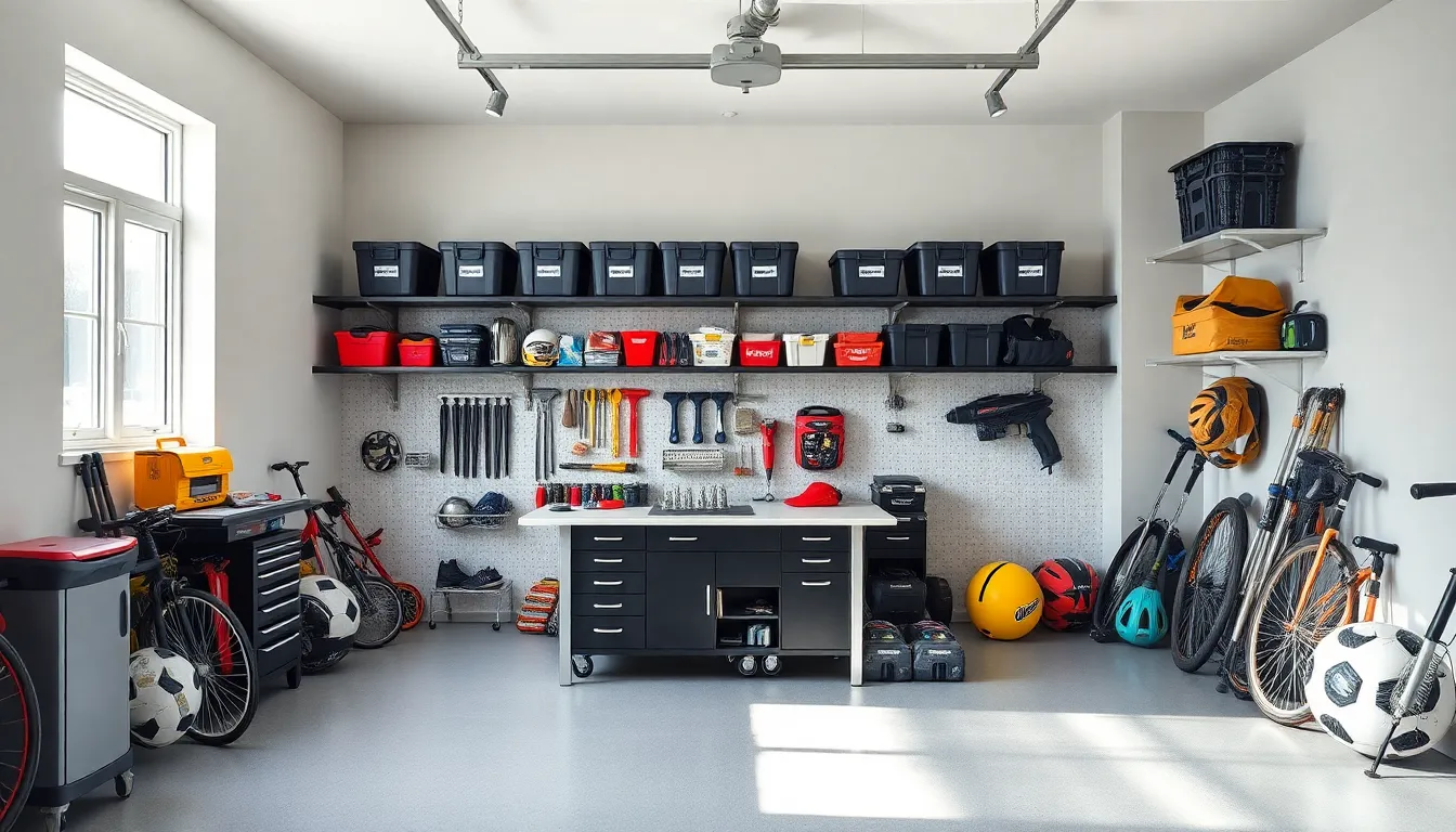 organized garage with tools and storage solutions.